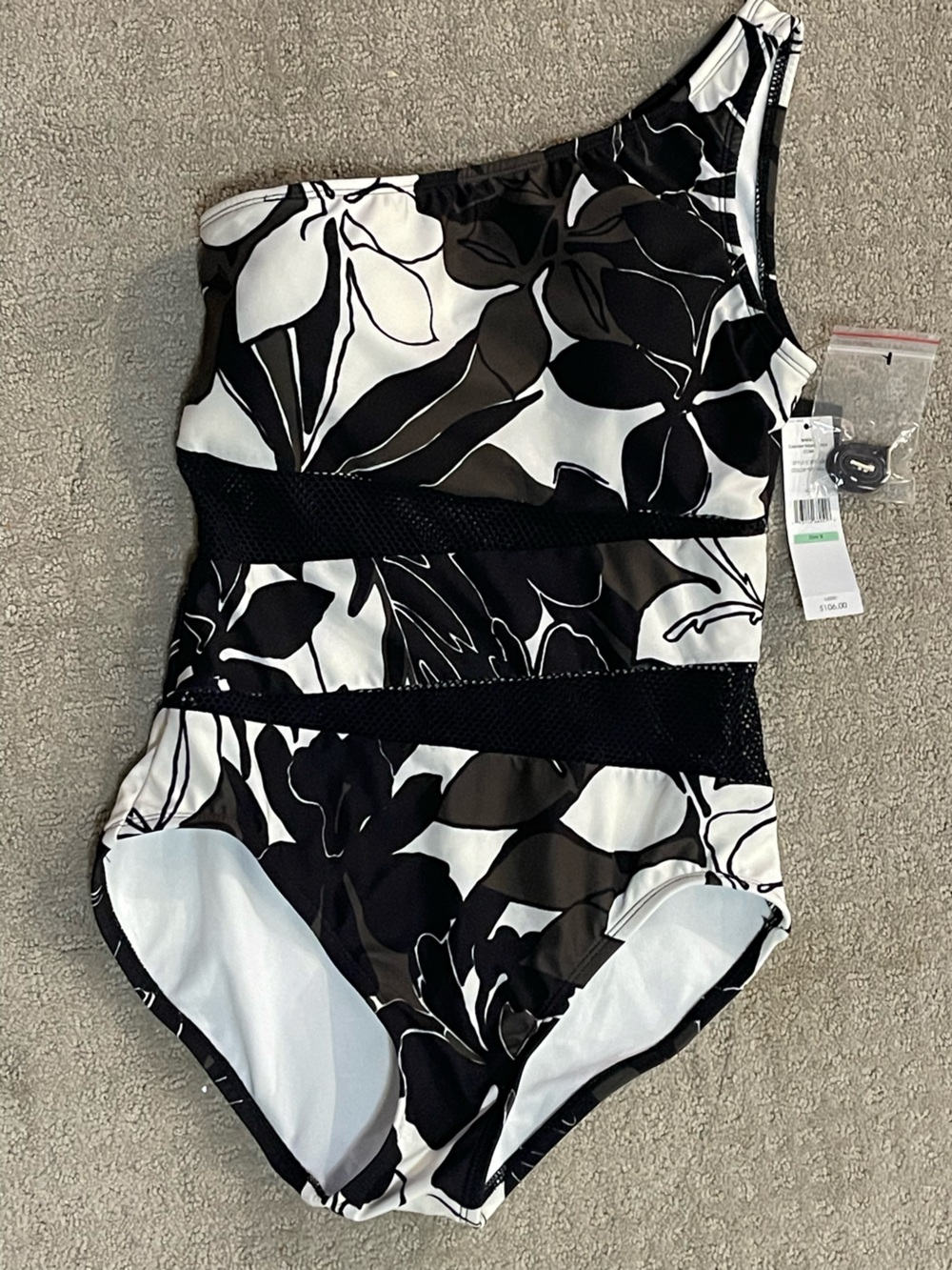 Carmen Marc Valvo NWT sz 8 Black brown White Floral Mesh swimsuit one piece $106